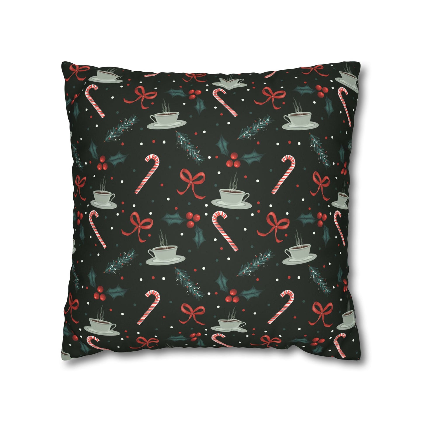 Throw Pillow Christmas Candy Canes Pine Sprigs Coffee Holly Bows Faux Suede - Dark Green