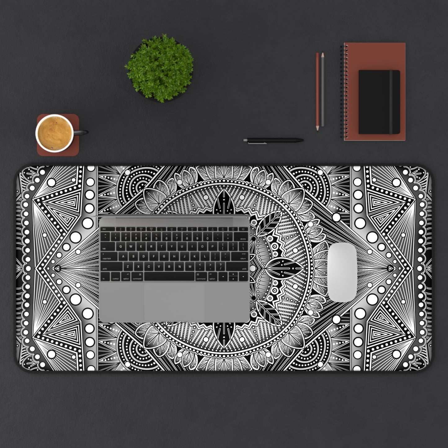 Desk Mat, Monochrome Mandala Design by Anndria, Unique Black and White Custom Work, Table Protector, Desk Pad, Office Decor, Mouse Pad