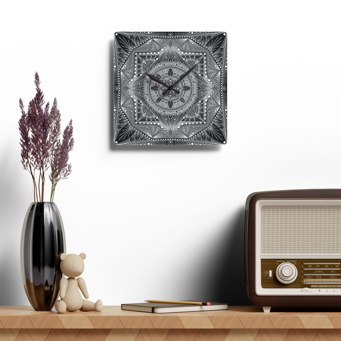 Mandala Wall Clock, Unique Acrylic Clock, Boho Home Decor, Hand Drawn Artwork, Modern Office Clock, Geometric Design Decor