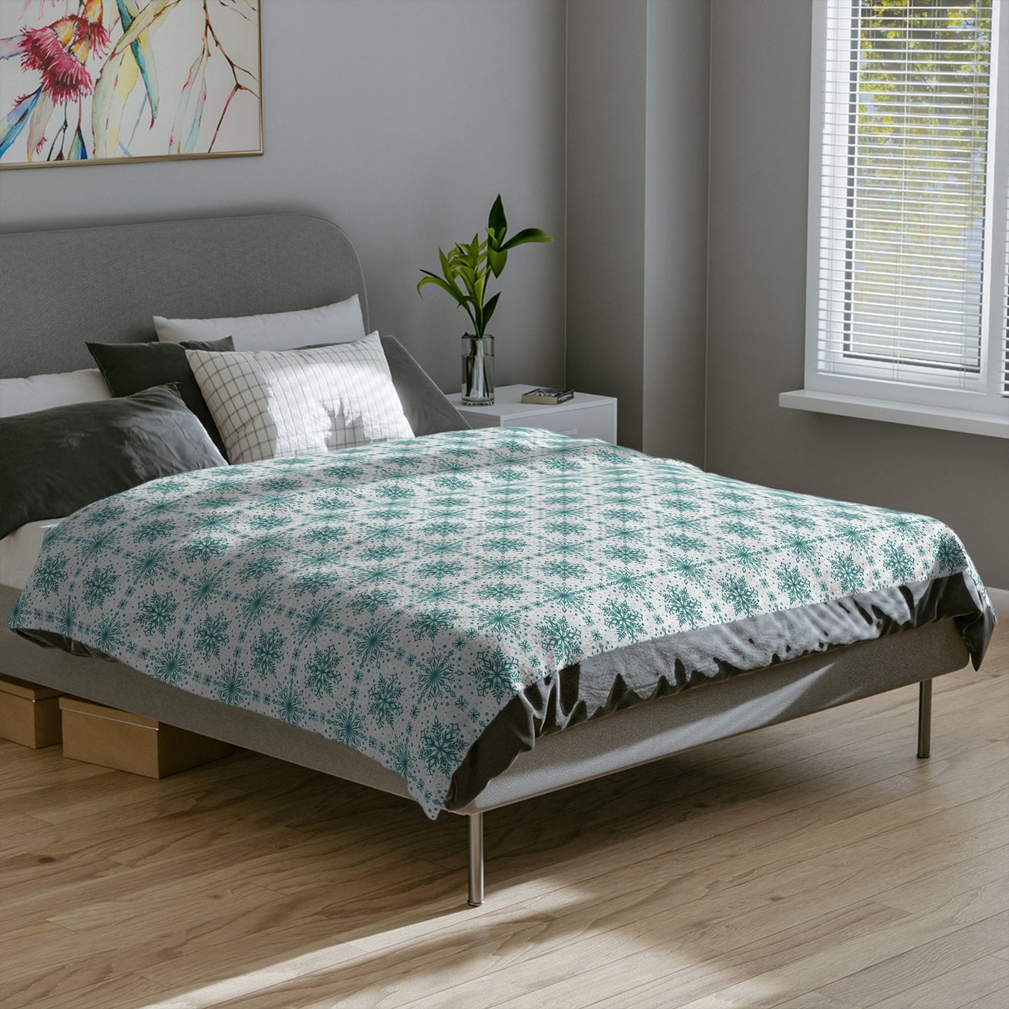 Velveteen Microfiber Blanket - Watercolor Snowflake Design by Anndria - Teal and White