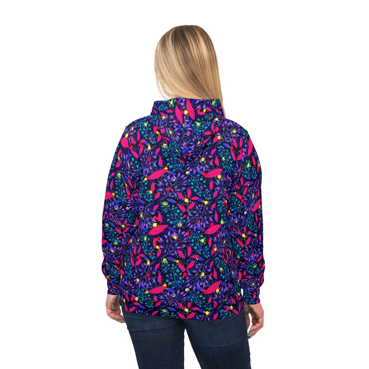 Neon Night Athletic Hoodie with Botanical Pattern by Anndria