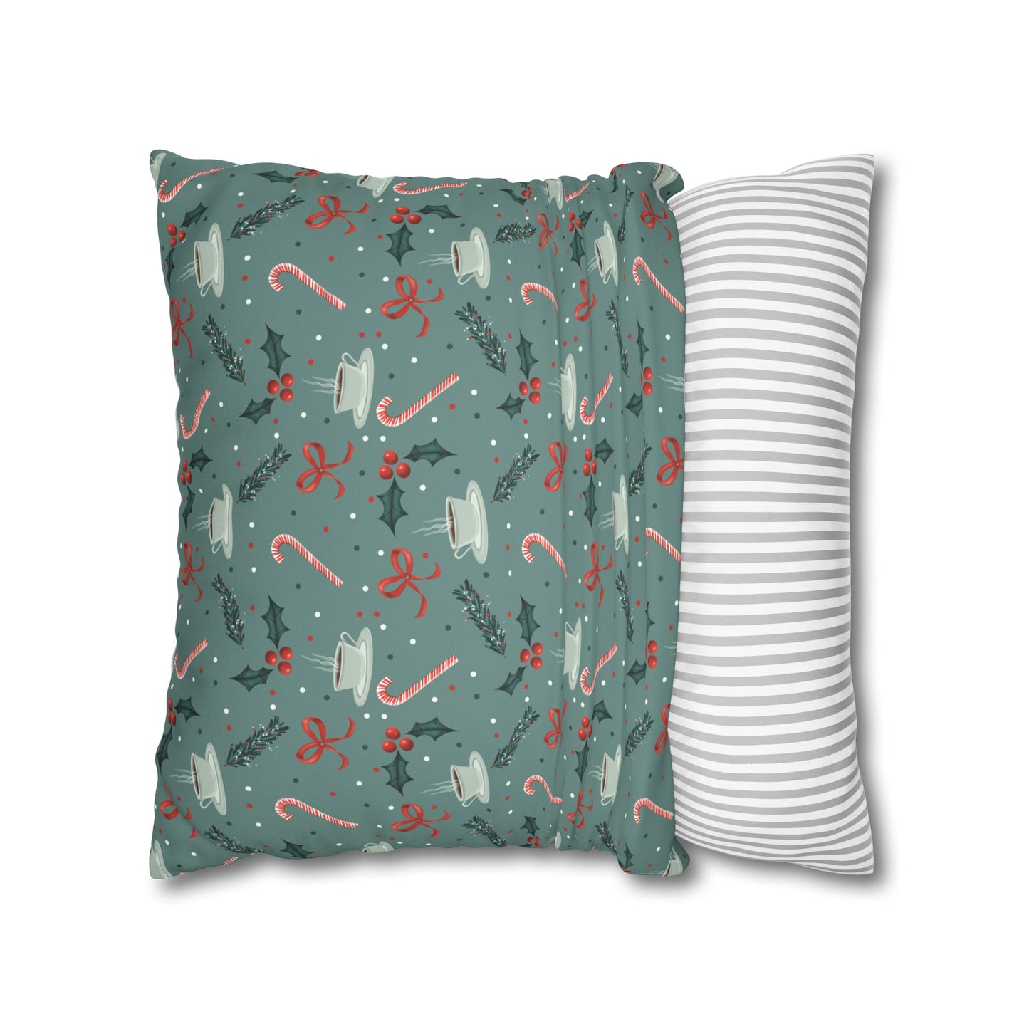 Throw Pillow Christmas Candy Canes Pine Sprigs Coffee Holly Bows Faux Suede - Cool Green