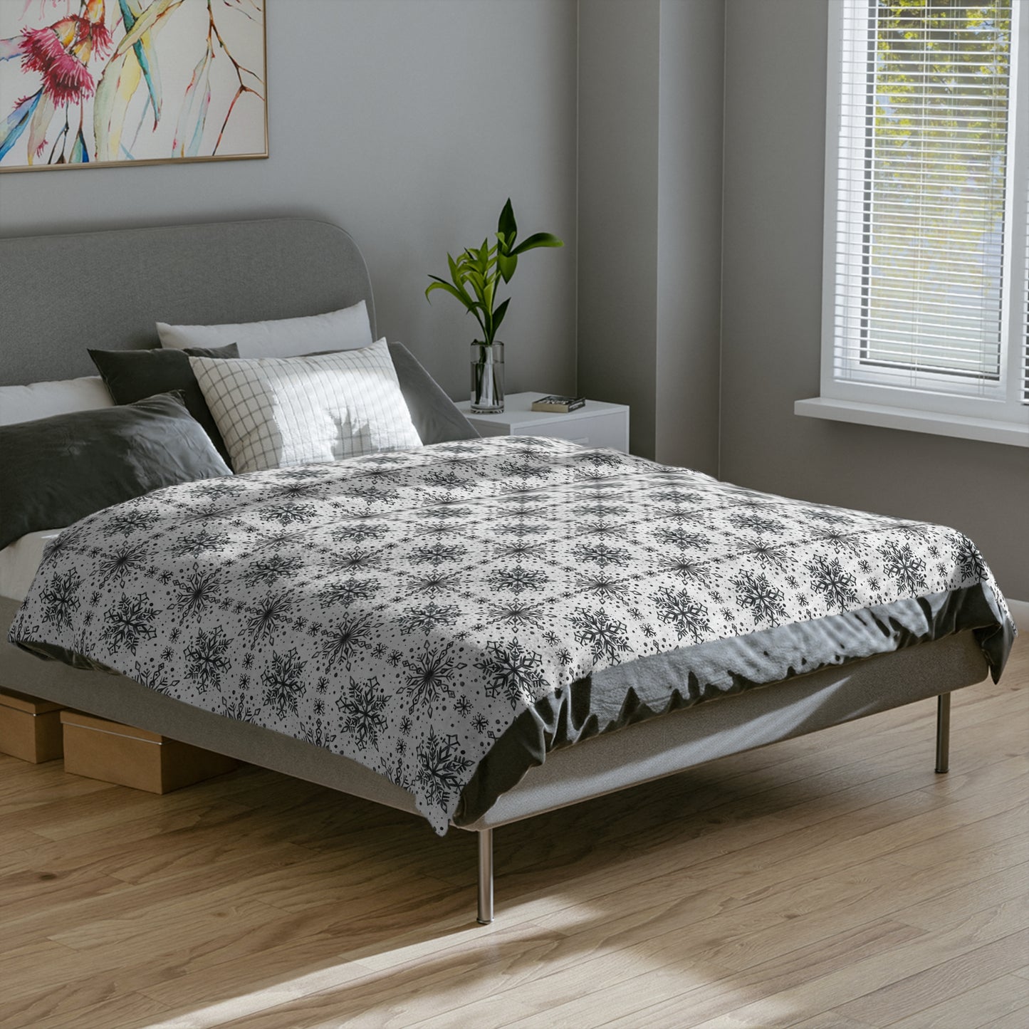 Velveteen Microfiber Blanket - Watercolor Snowflake Design by Anndria - Black and White