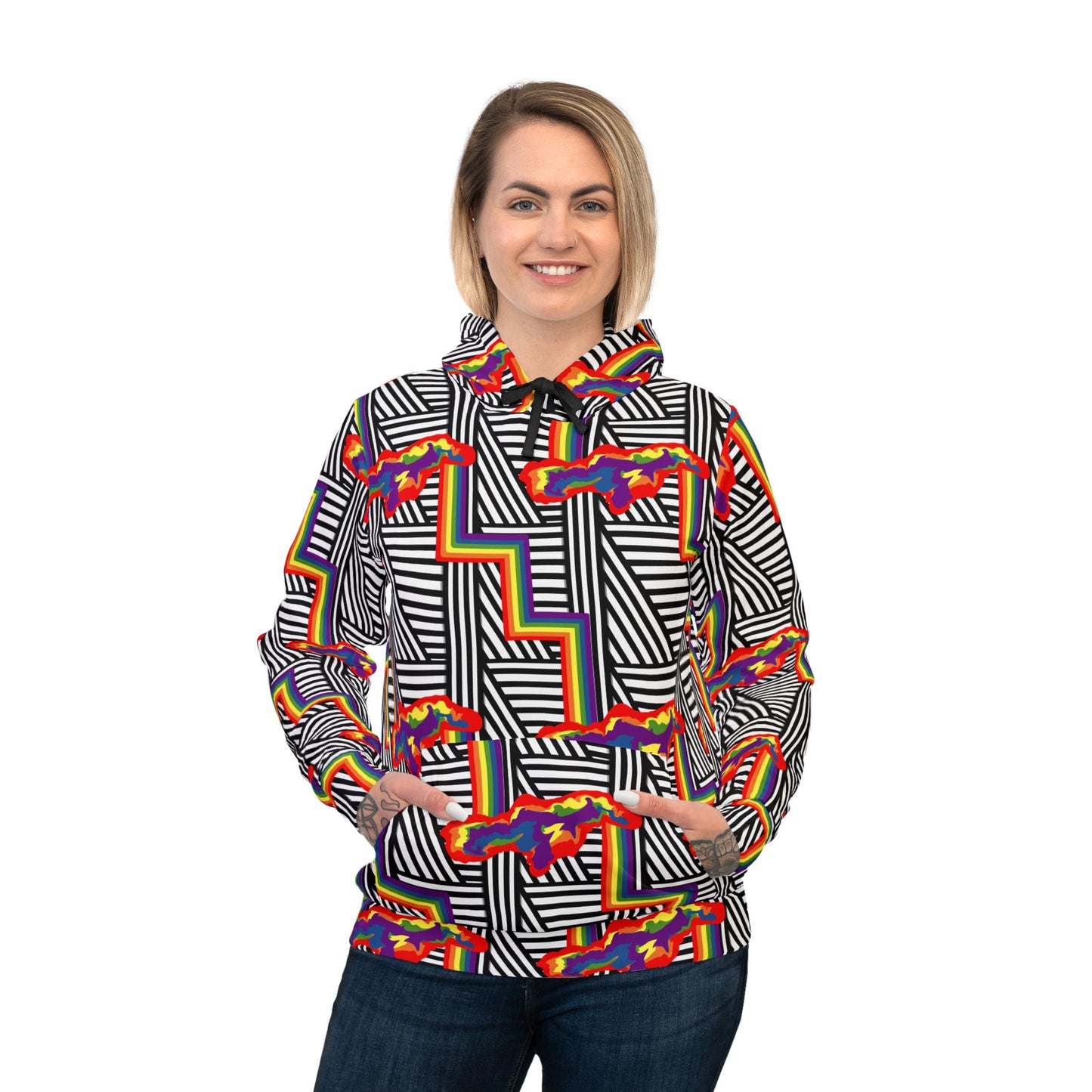 PRIDE Stylish Striped Athletic Hoodie - Modern Black & White Design for Active Lifestyles