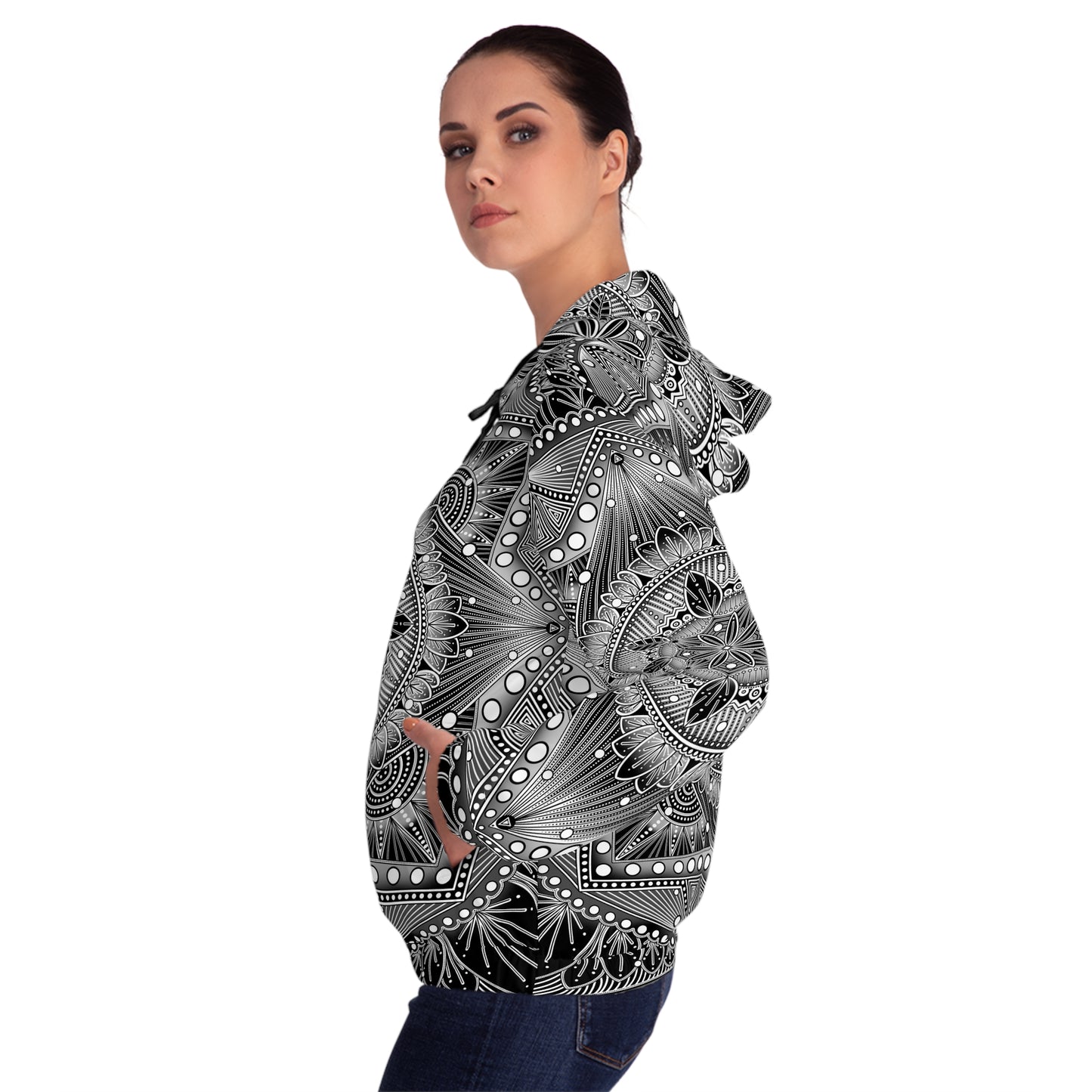 Monochrome Mandala Women's Full-Zip Hoodie, Anndria Artwork, Black and White Hooded Sweatshirt, Zip-Up Jacket, Spiritual Chic Apparel,