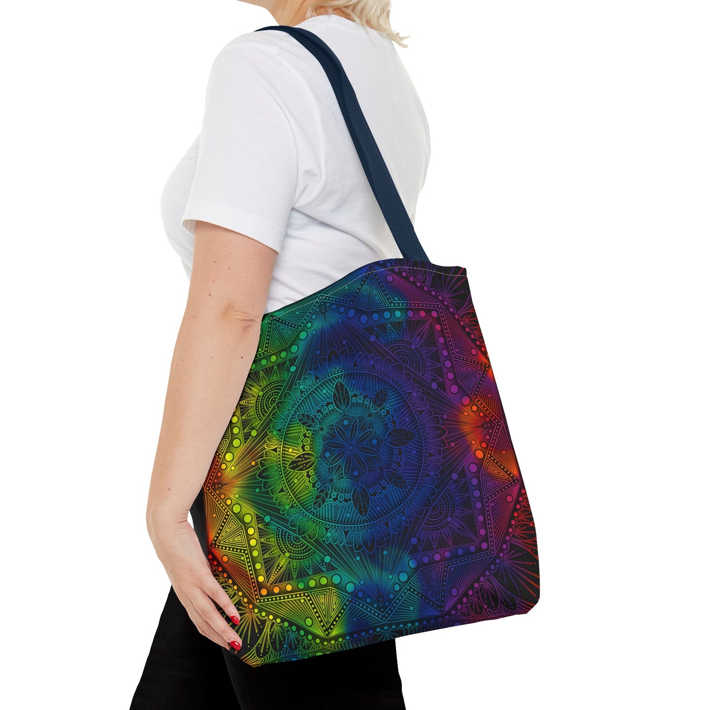 Holographic Mandala Tote Bag - Rainbow Custom Design by Anndria, Unique Shoulder Handbag for Women, Colorful Beach Carryall, Boho Shopping