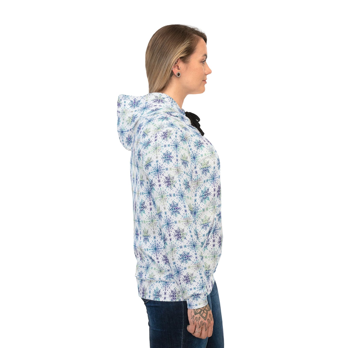 Snowflake Athletic Hoodie - Watercolor Design by Anndria - Frosty teal, purple and green