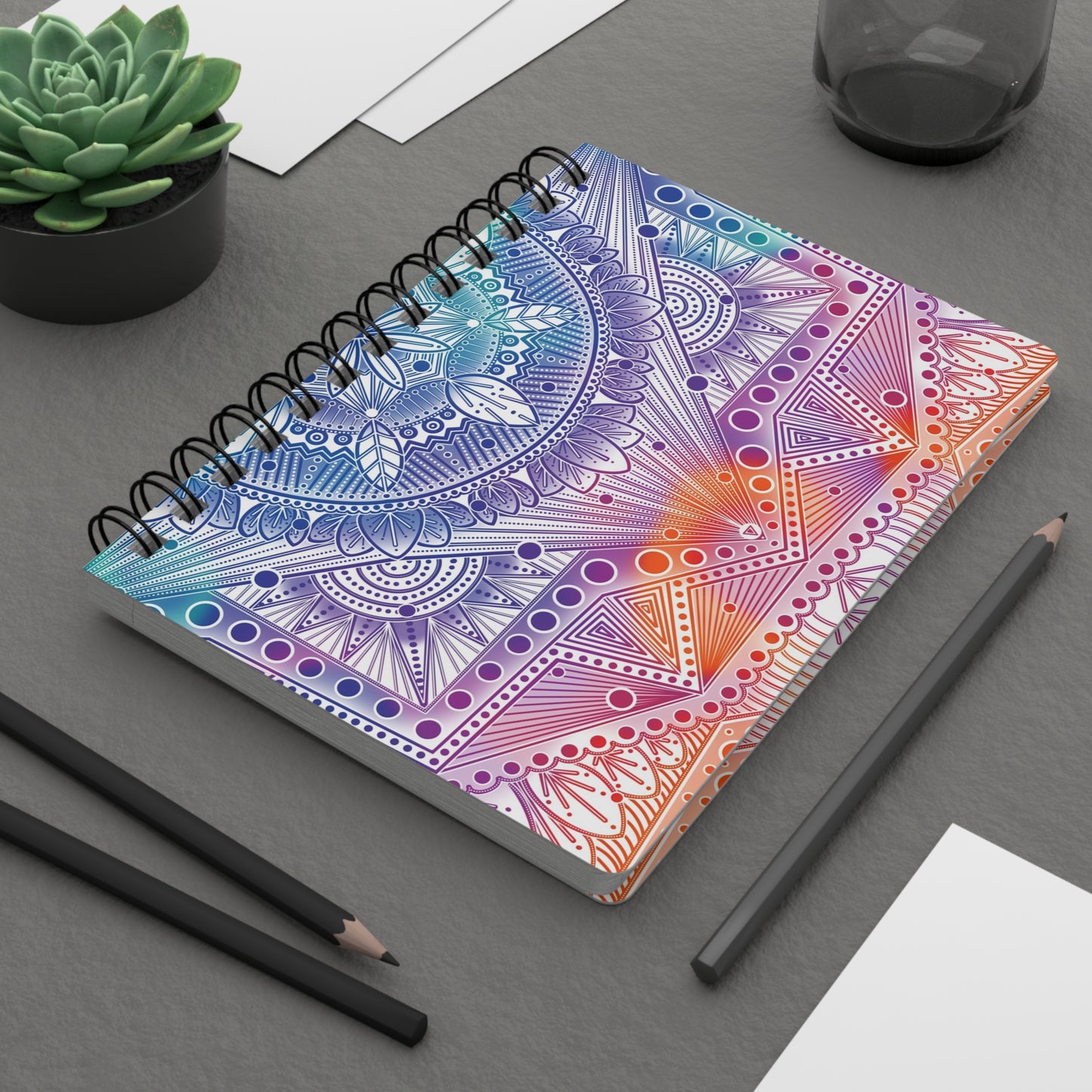 Psychedelic Spiral Bound Journal, Rainbow Mandala Design, Holographic Artwork by Anndria, Notebook, Sketchbook, Diary, Writing Journal,