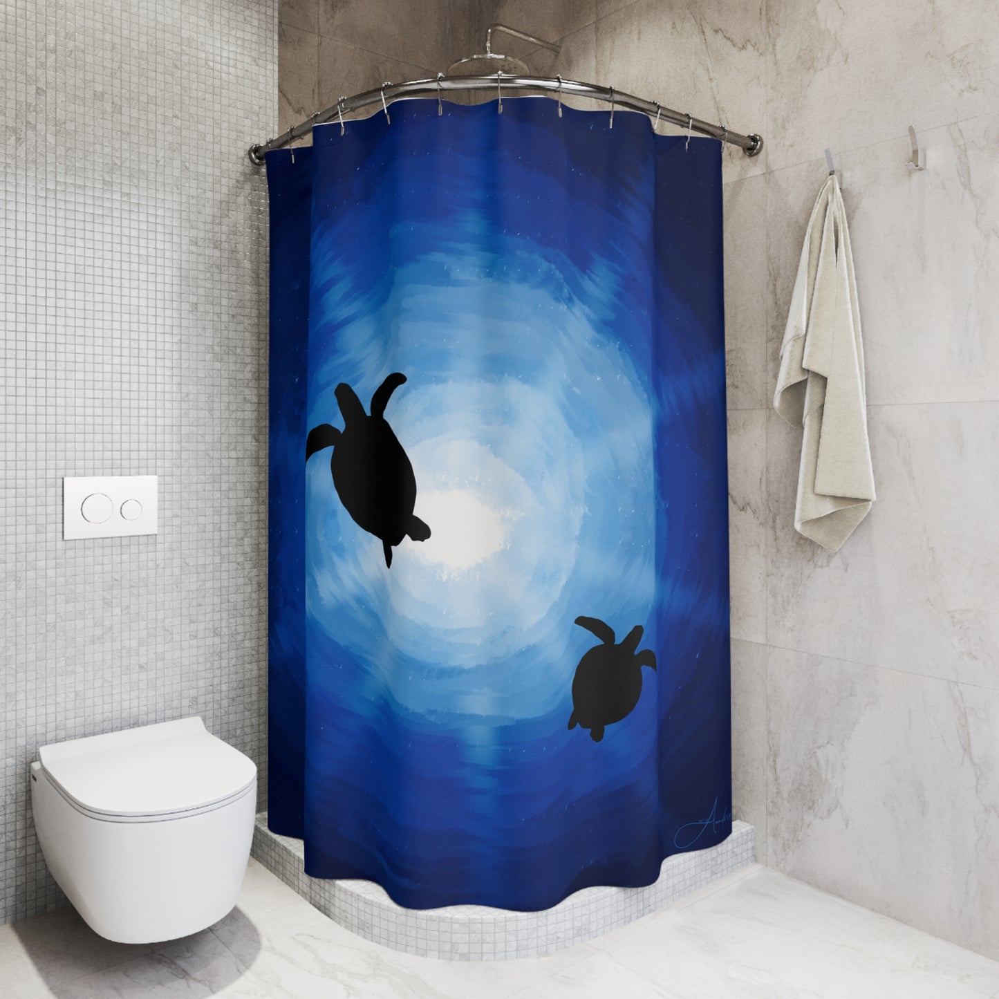 Shower Curtains - Sea Turtles Swimming Hand Drawn by Anndria