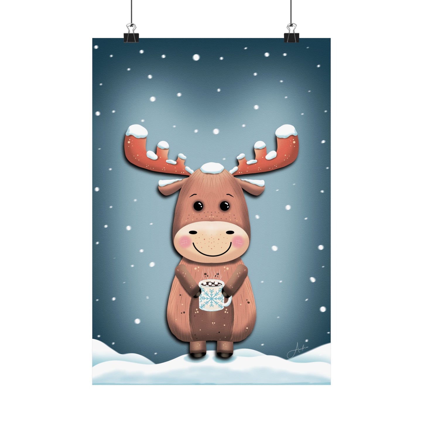 Moose Poster, Rustic Home Decor, Winter Wall Art, Frosty Sips Print, Christmas Gift, Animal Art Print, Wildlife Art, Vertical Poster