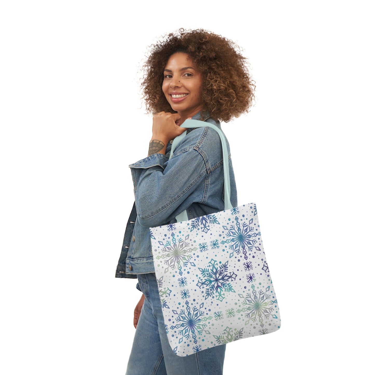 Canvas Tote Bag, Watercolor Snowflake Design - Frosty teal, purple and green