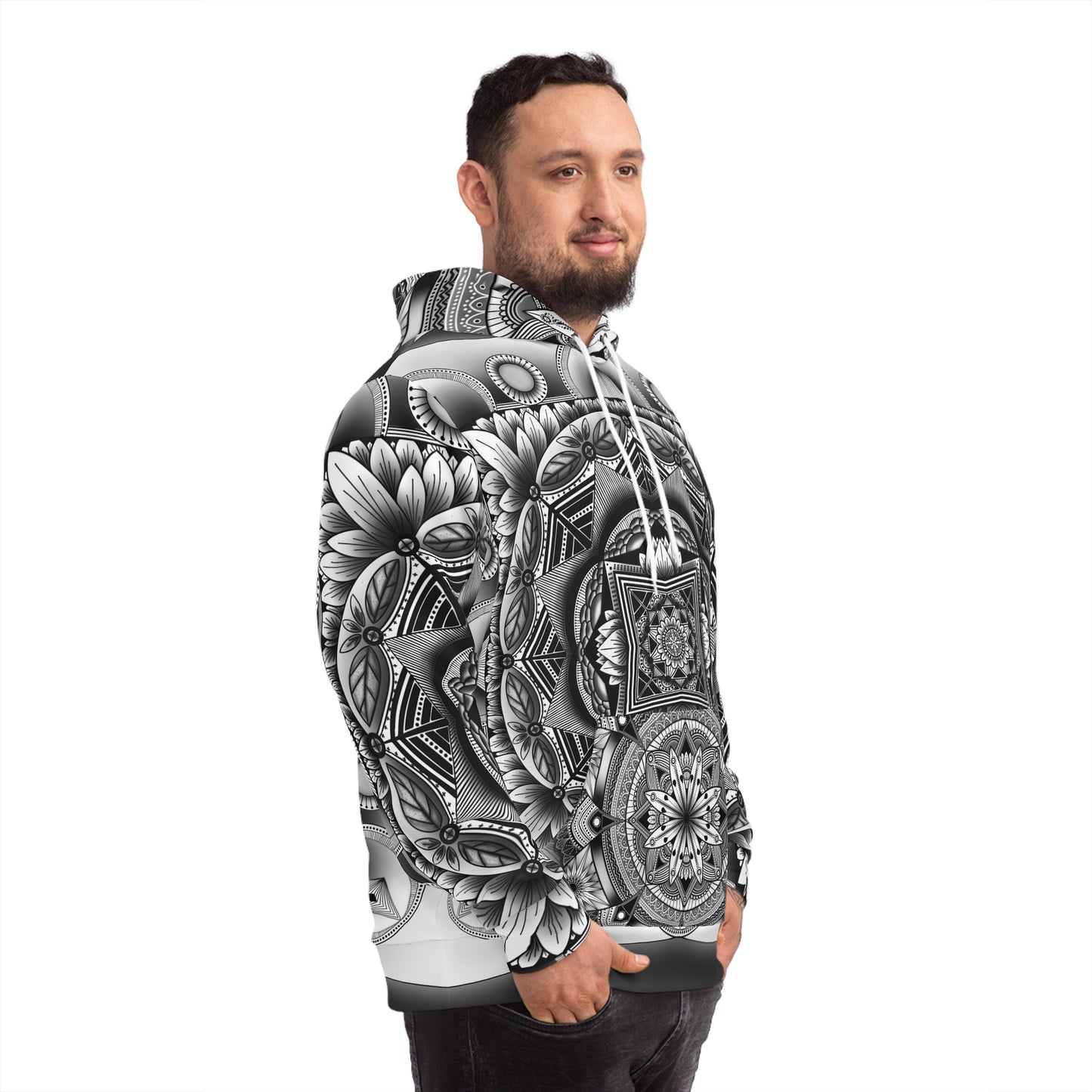 Mandala Fashion Hoodie, Hand-Drawn Black and White Artwork, Anndria Design, Boho Chic Sweatshirt, Unique Hooded Top, Trendy Pullover, Cozy