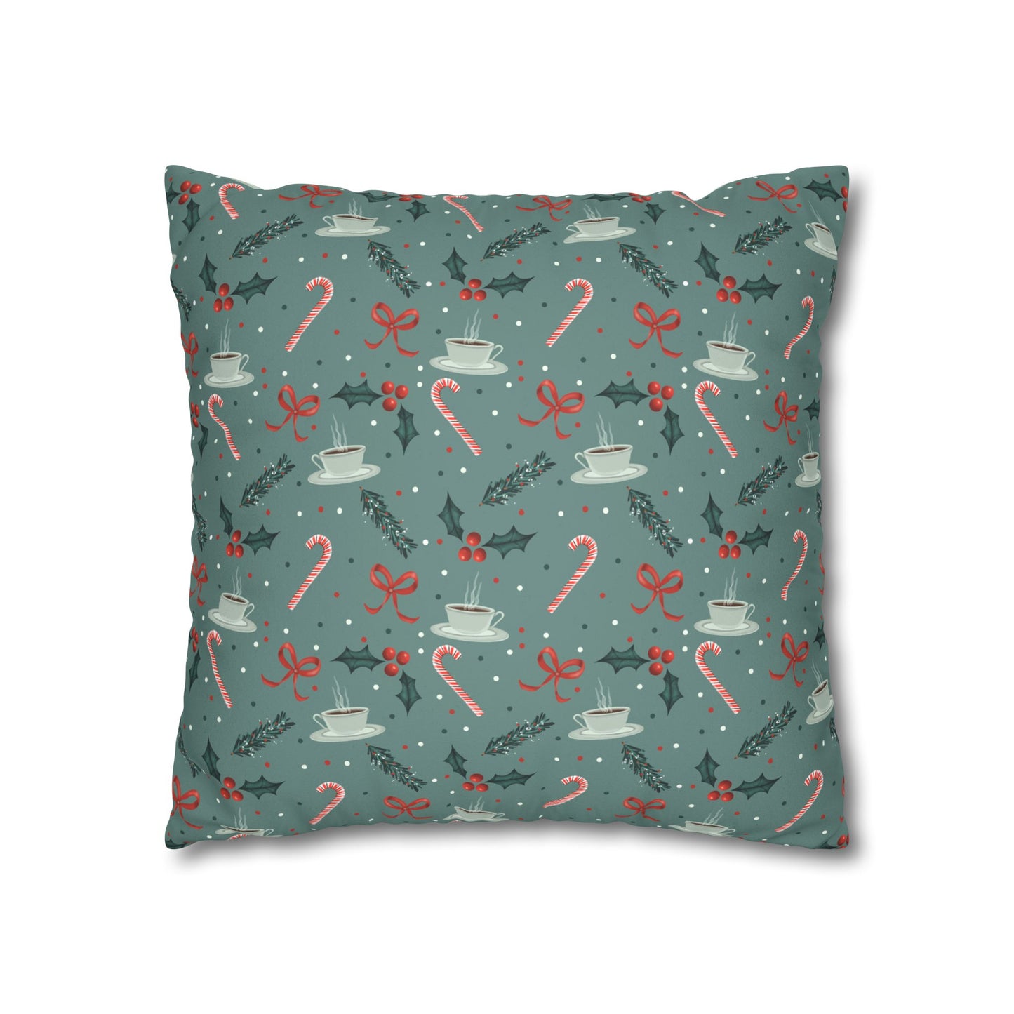 Throw Pillow Christmas Candy Canes Pine Sprigs Coffee Holly Bows Faux Suede - Cool Green