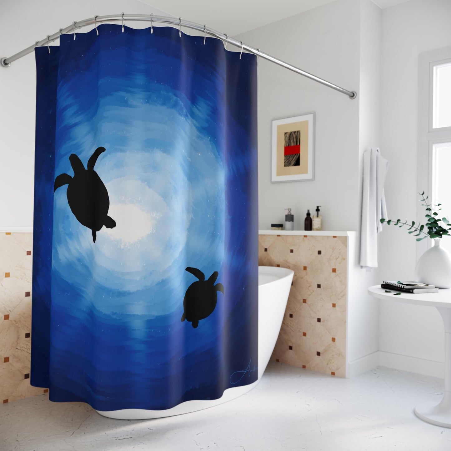 Shower Curtains - Sea Turtles Swimming Hand Drawn by Anndria