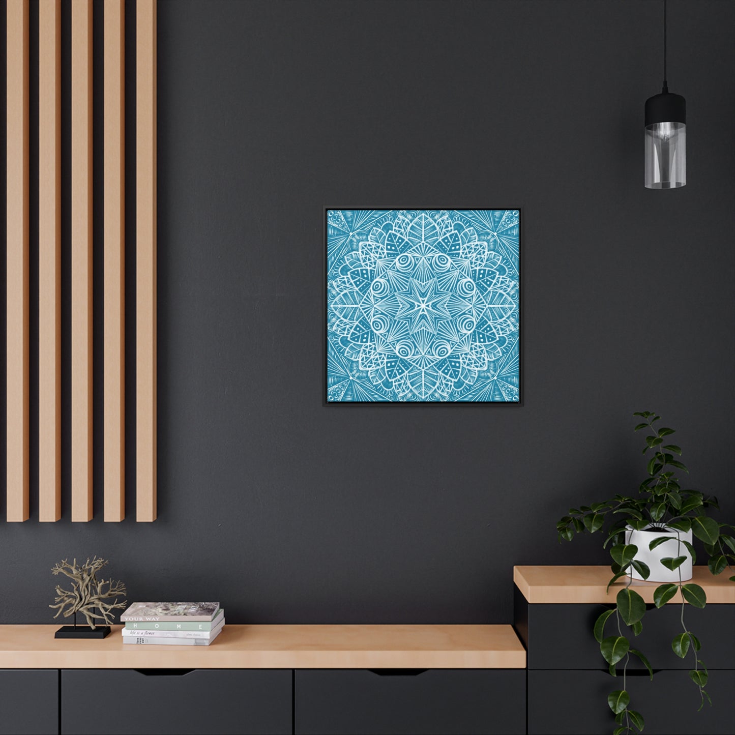 Canvas Prints, Teal background with White Charcoal Mandala Artwork, Square Frame, Wall Decor, Abstract Art Gift