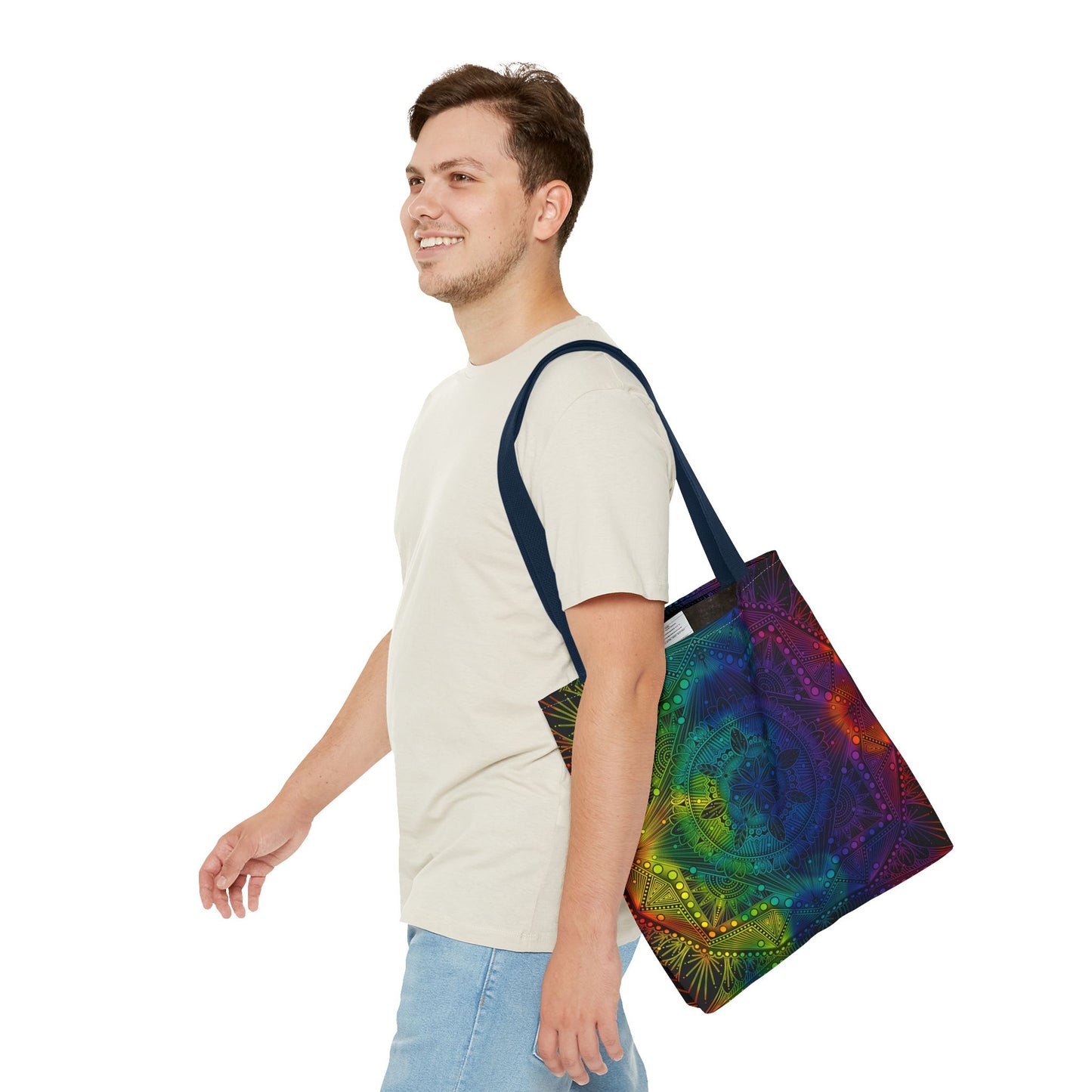 Holographic Mandala Tote Bag - Rainbow Custom Design by Anndria, Unique Shoulder Handbag for Women, Colorful Beach Carryall, Boho Shopping