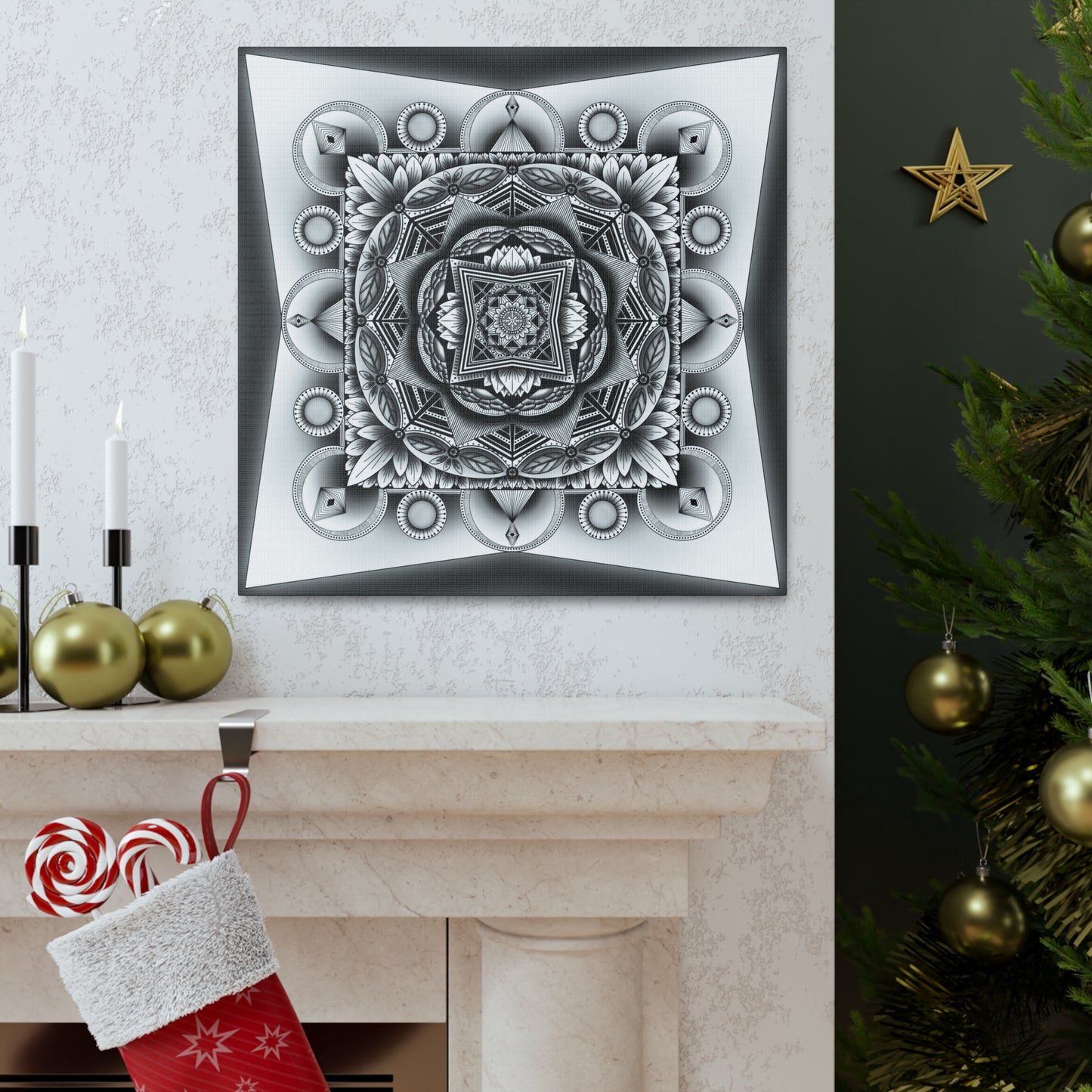Square Canvas Print, Black and White Mandala Artwork by Anndria, Gallery Wall Decor, Minimalist Home Decoration, Zen Meditation Gift,