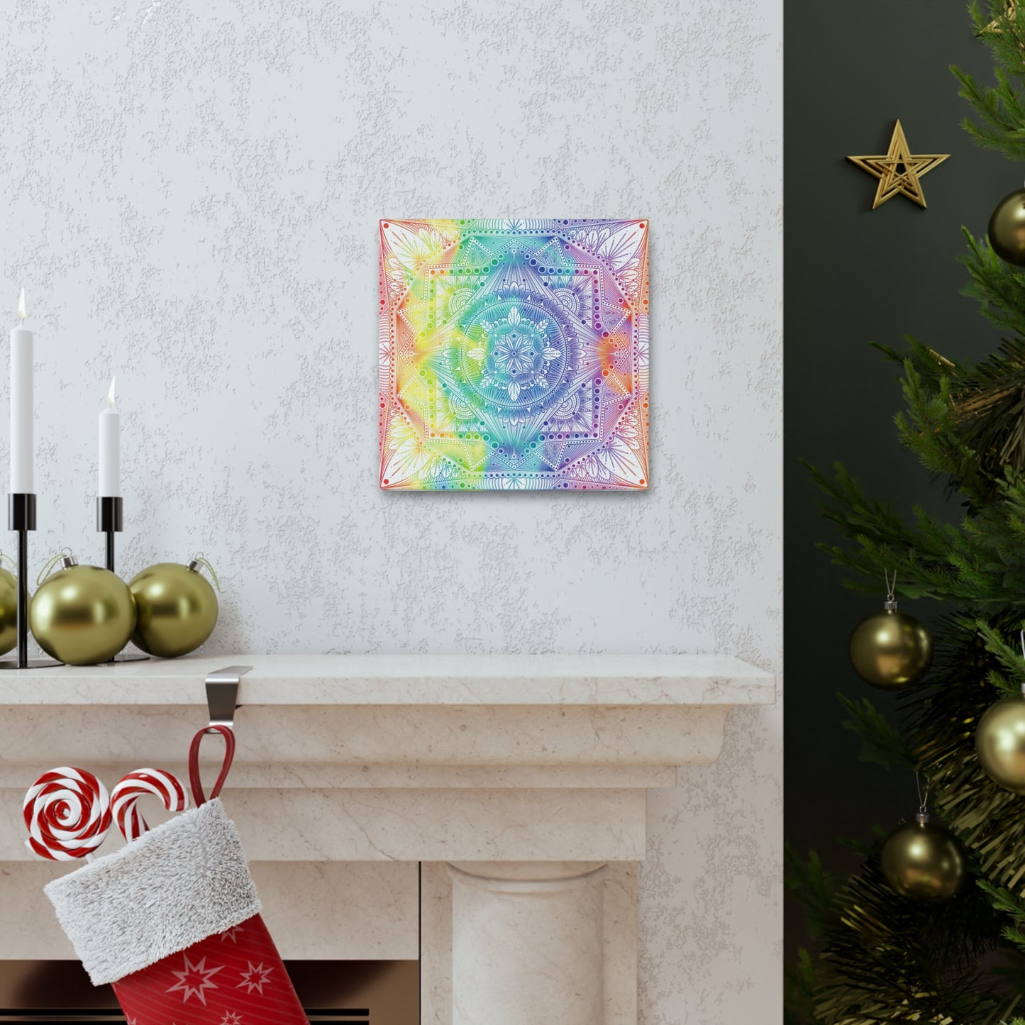 Canvas Wall Art, Rainbow Holographic Psychedelic Mandala by Anndria, Home Decor, Wall Decor, Art Print, Boho Wall Hanging, Hippie Wall