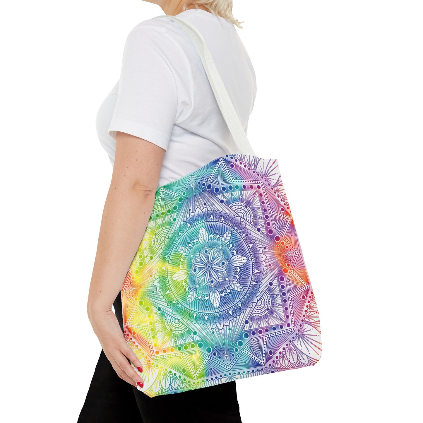 Holographic Mandala Tote Bag - Rainbow Custom Design by Anndria, Unique Shoulder Handbag for Women, Colorful Beach Carryall, Boho Shopping