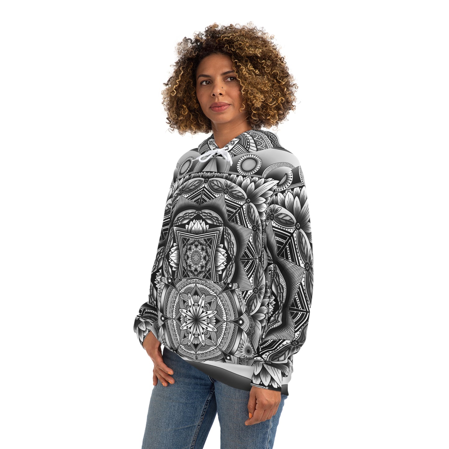 Mandala Fashion Hoodie, Hand-Drawn Black and White Artwork, Anndria Design, Boho Chic Sweatshirt, Unique Hooded Top, Trendy Pullover, Cozy