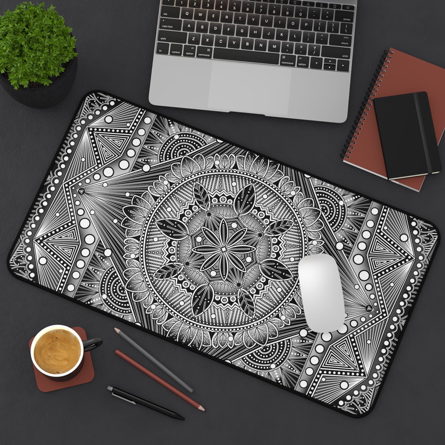 Desk Mat, Monochrome Mandala Design by Anndria, Unique Black and White Custom Work, Table Protector, Desk Pad, Office Decor, Mouse Pad