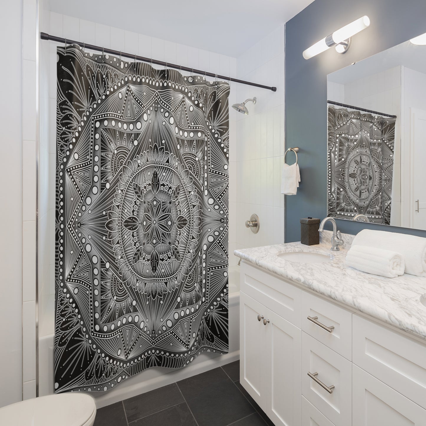 Shower Curtains - Monochrome, black-and-white Mandala Design by Anndria, Bathroom Decor, Waterproof Curtain, Bath Accessory, Boho Home
