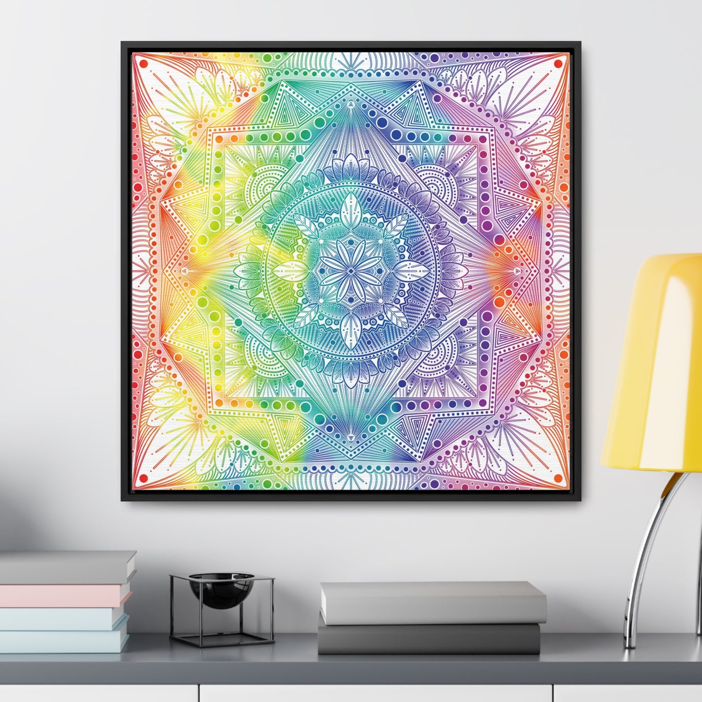 Canvas Prints, Holographic Rainbow Mandala Artwork, Square Frame, Psychedelic Wall Decor, Abstract Art Gift