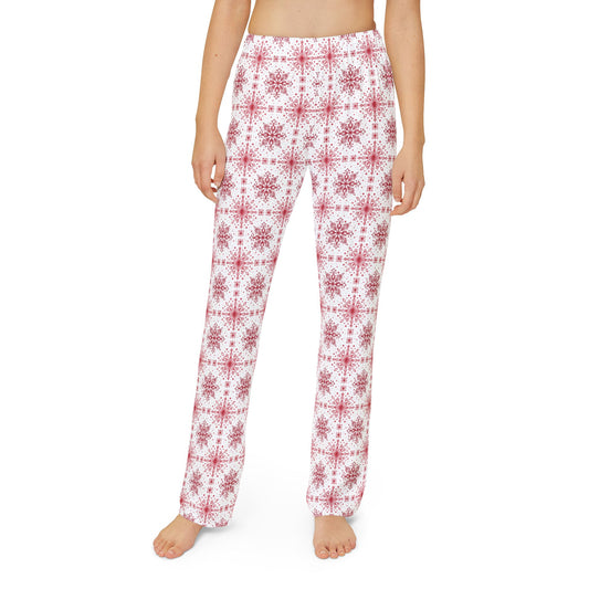 Kids Pajama Pants - Watercolor Snowflake Design by Anndria - Red and White