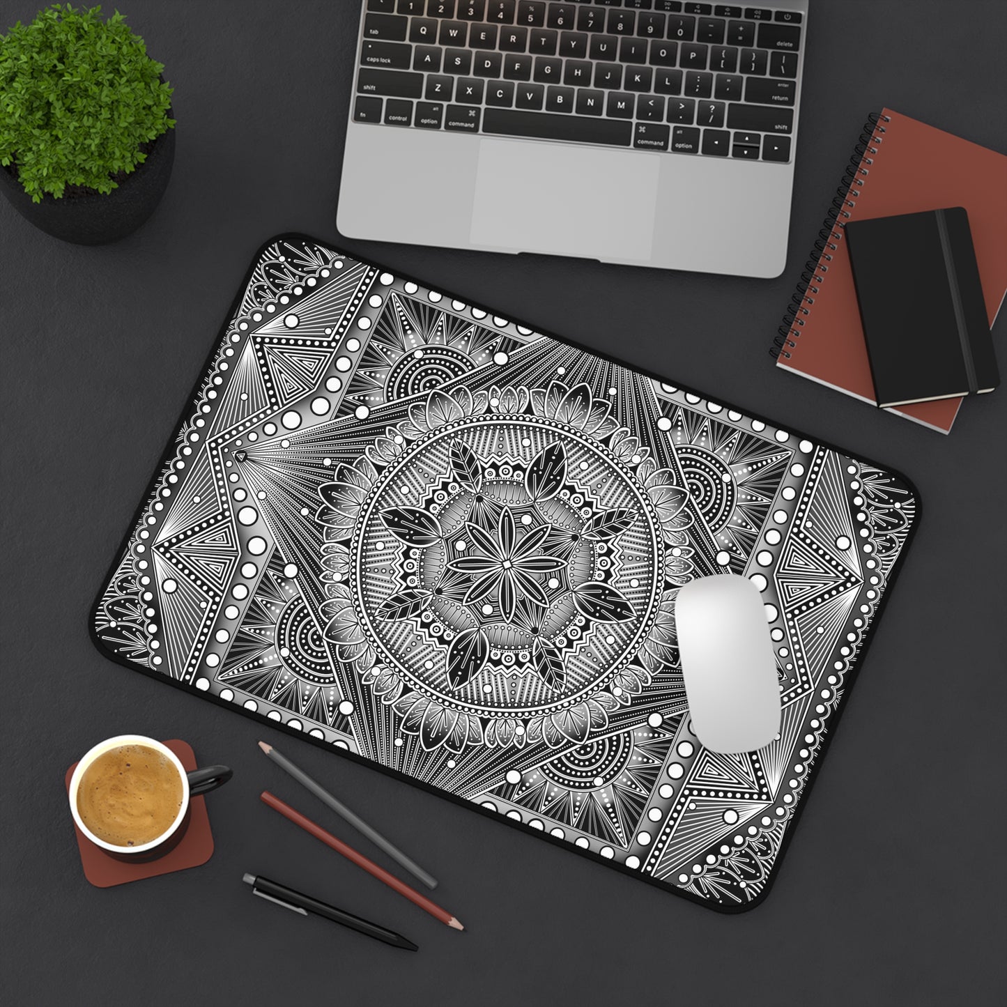 Desk Mat, Monochrome Mandala Design by Anndria, Unique Black and White Custom Work, Table Protector, Desk Pad, Office Decor, Mouse Pad