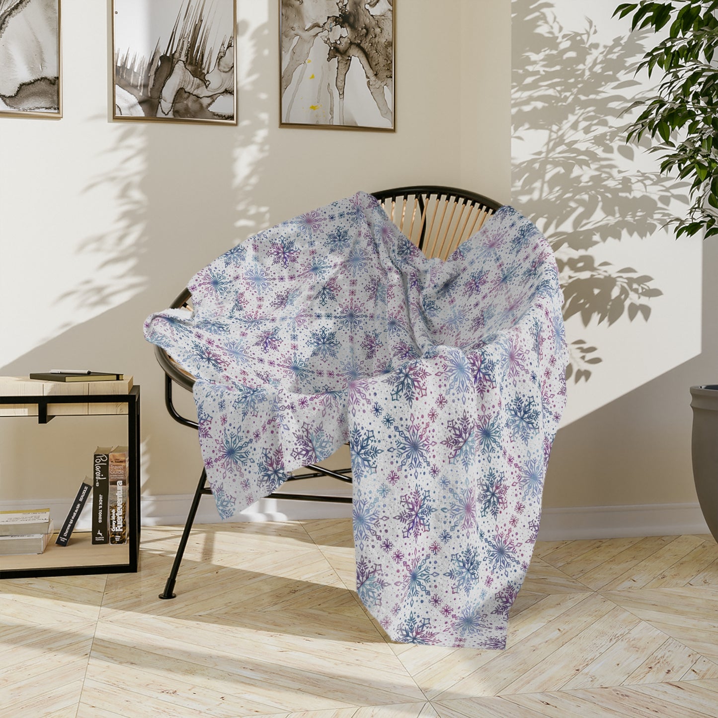 Velveteen Microfiber Blanket - Watercolor Snowflake Design by Anndria - Blue, Pink and Purple