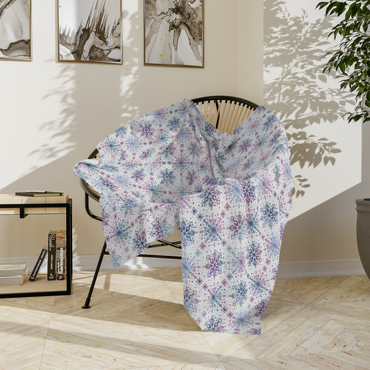 Velveteen Microfiber Blanket - Watercolor Snowflake Design by Anndria - Blue, Pink and Purple
