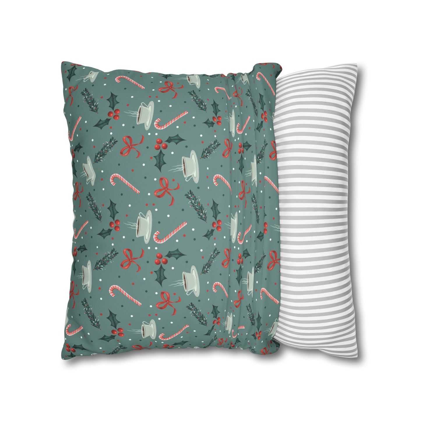 Throw Pillow Christmas Candy Canes Pine Sprigs Coffee Holly Bows Faux Suede - Cool Green