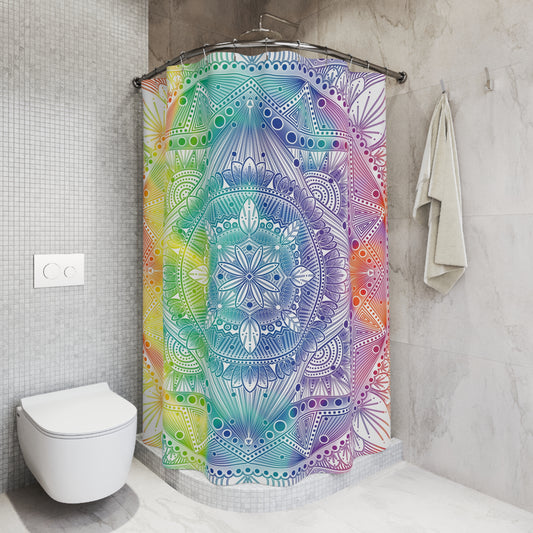 Shower Curtains - Rainbow Holographic Mandala Design by Anndria, Bathroom Decor, Waterproof Curtain, Colorful Bath Accessory, Boho Home
