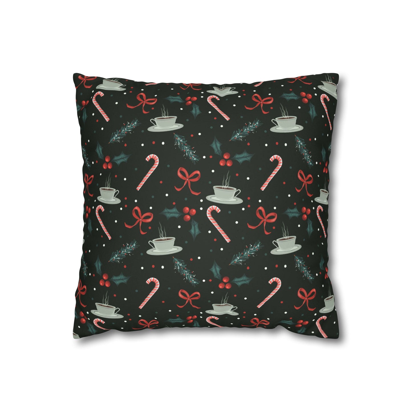 Throw Pillow Christmas Candy Canes Pine Sprigs Coffee Holly Bows Faux Suede - Dark Green