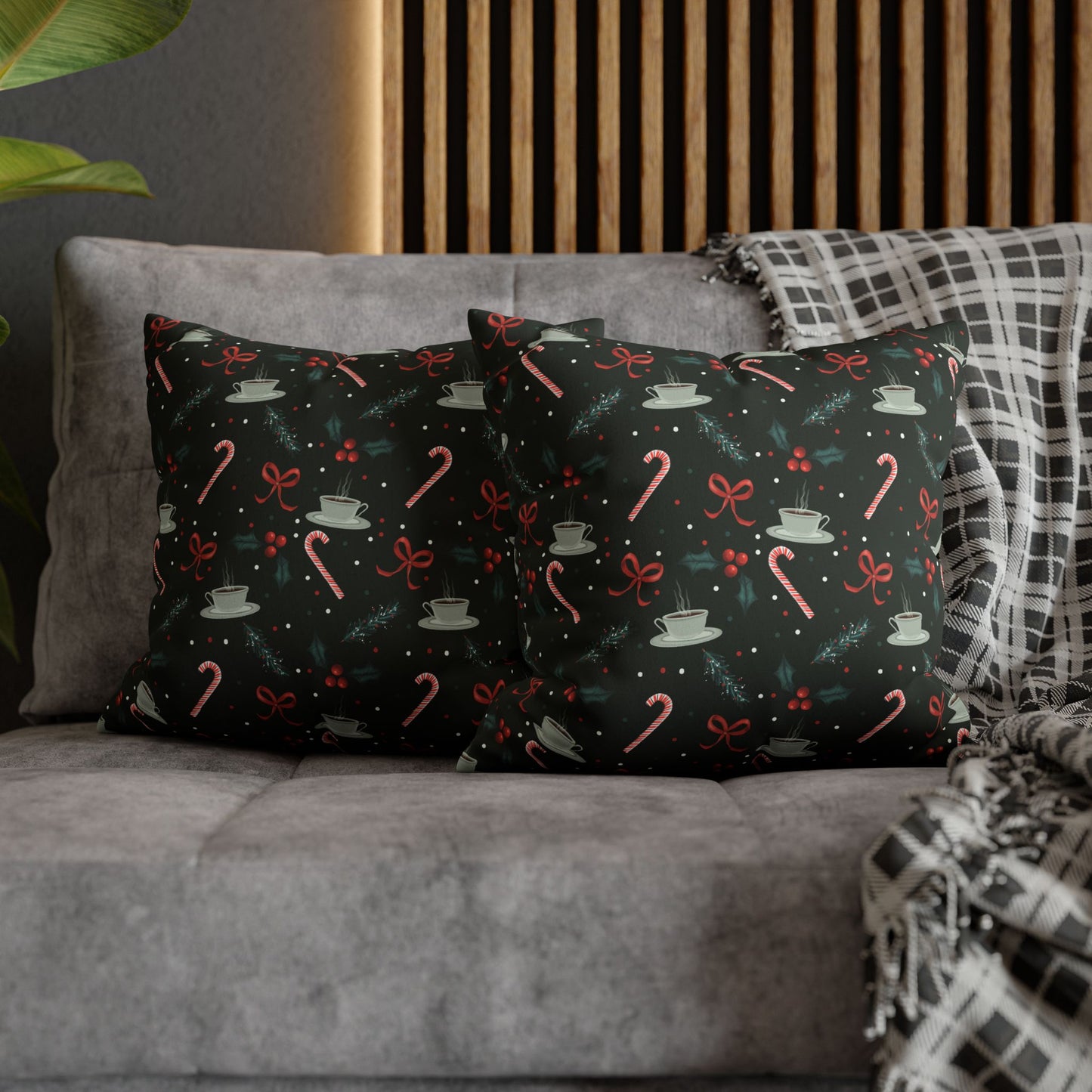 Throw Pillow Christmas Candy Canes Pine Sprigs Coffee Holly Bows Faux Suede - Dark Green