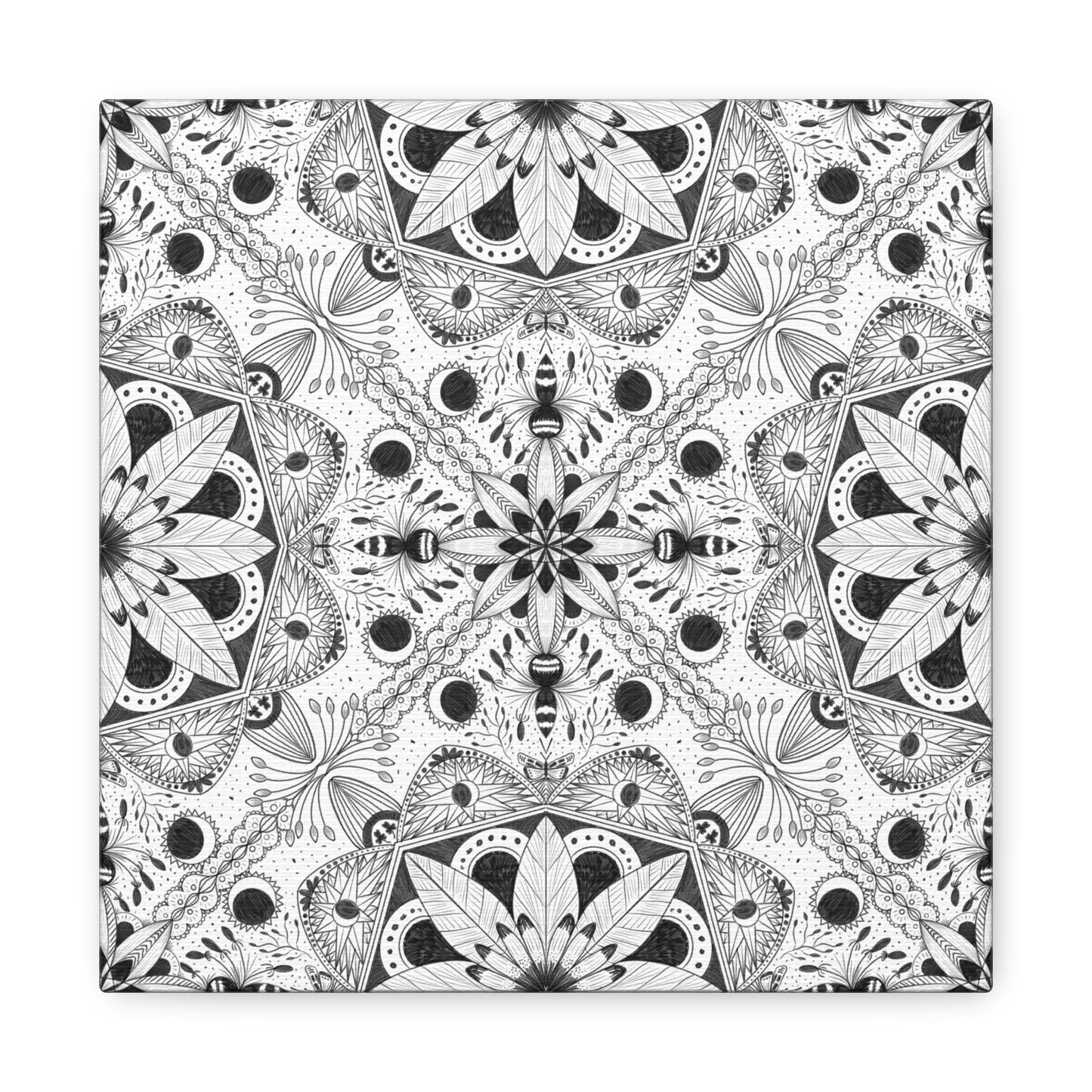 Black and White Floral Pattern Canvas Wall Art - Witchy Moth and Moons