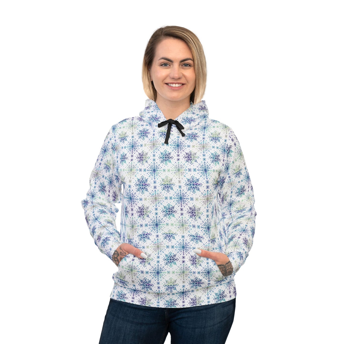 Snowflake Athletic Hoodie - Watercolor Design by Anndria - Frosty teal, purple and green