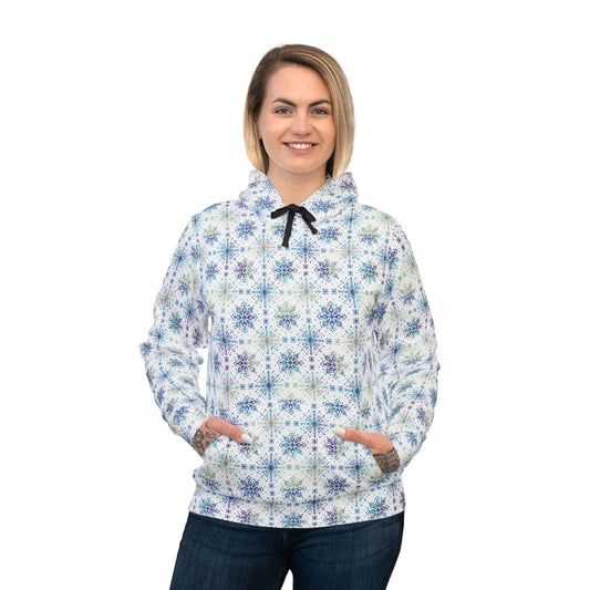 Snowflake Athletic Hoodie - Watercolor Design by Anndria - Frosty teal, purple and green