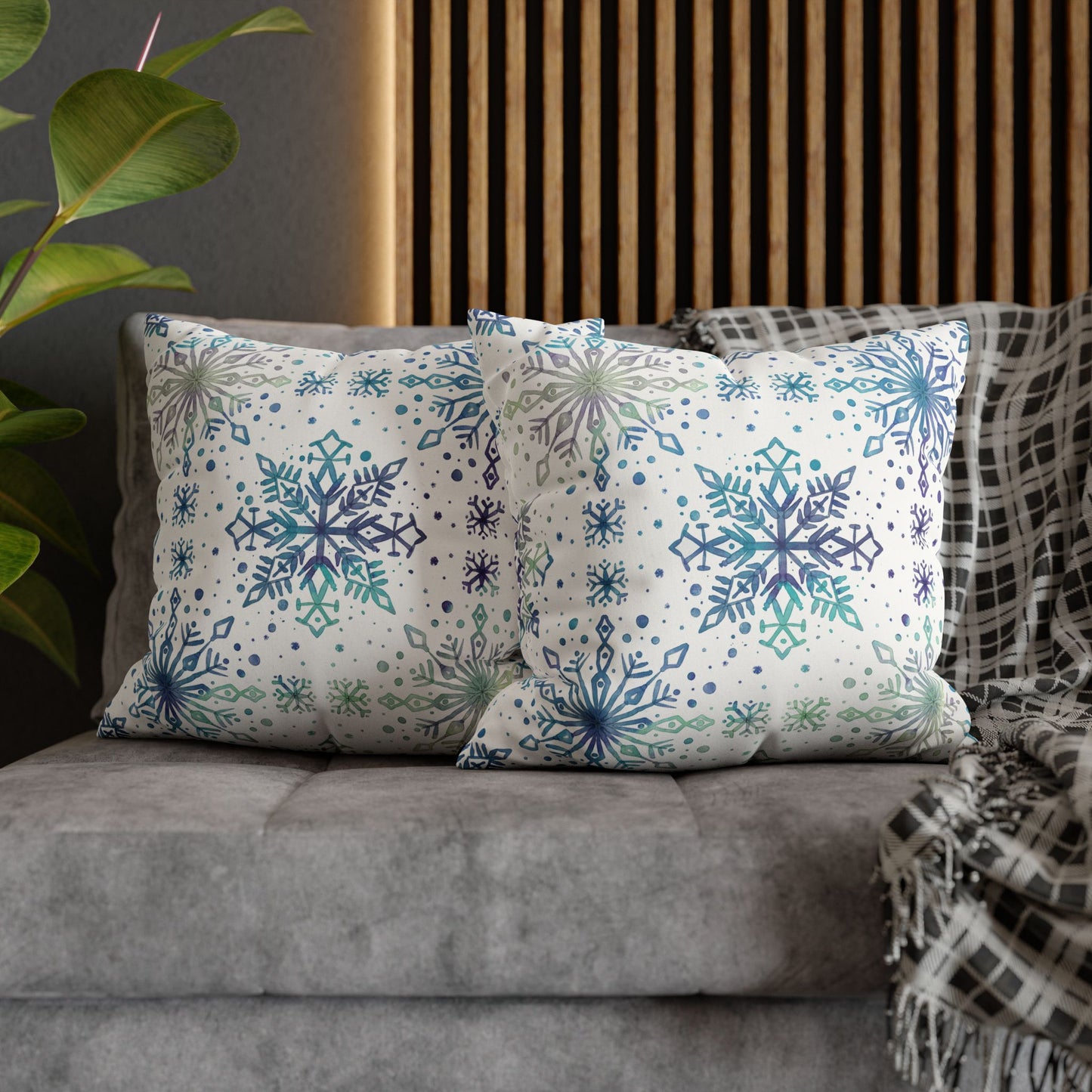 Pillowcase Watercolor Snowflake Design - Frosty teal, purple and green
