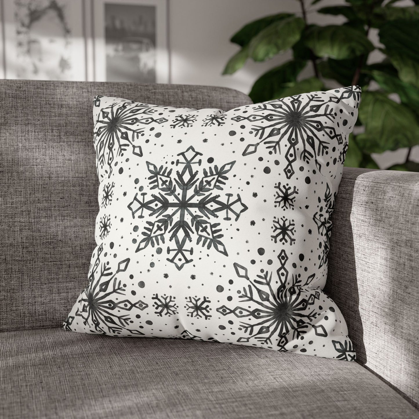 Pillowcase Watercolor Snowflake Design - Black and White