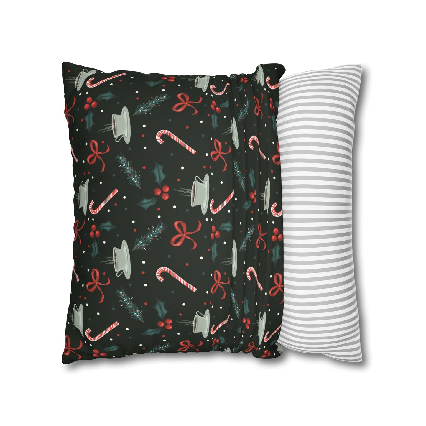 Throw Pillow Christmas Candy Canes Pine Sprigs Coffee Holly Bows Faux Suede - Dark Green