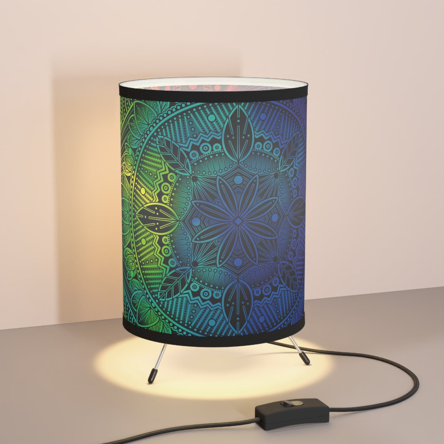 Lamp Shade, Rainbow Holographic Mandala Design by Anndria, Unique Tripod Lamp for Home Decor, US\CA Plug, Custom Printed Lighting,