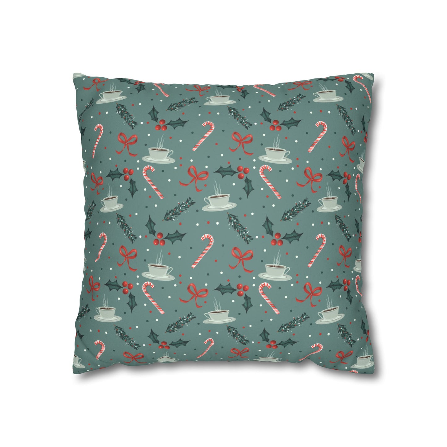 Throw Pillow Christmas Candy Canes Pine Sprigs Coffee Holly Bows Faux Suede - Cool Green