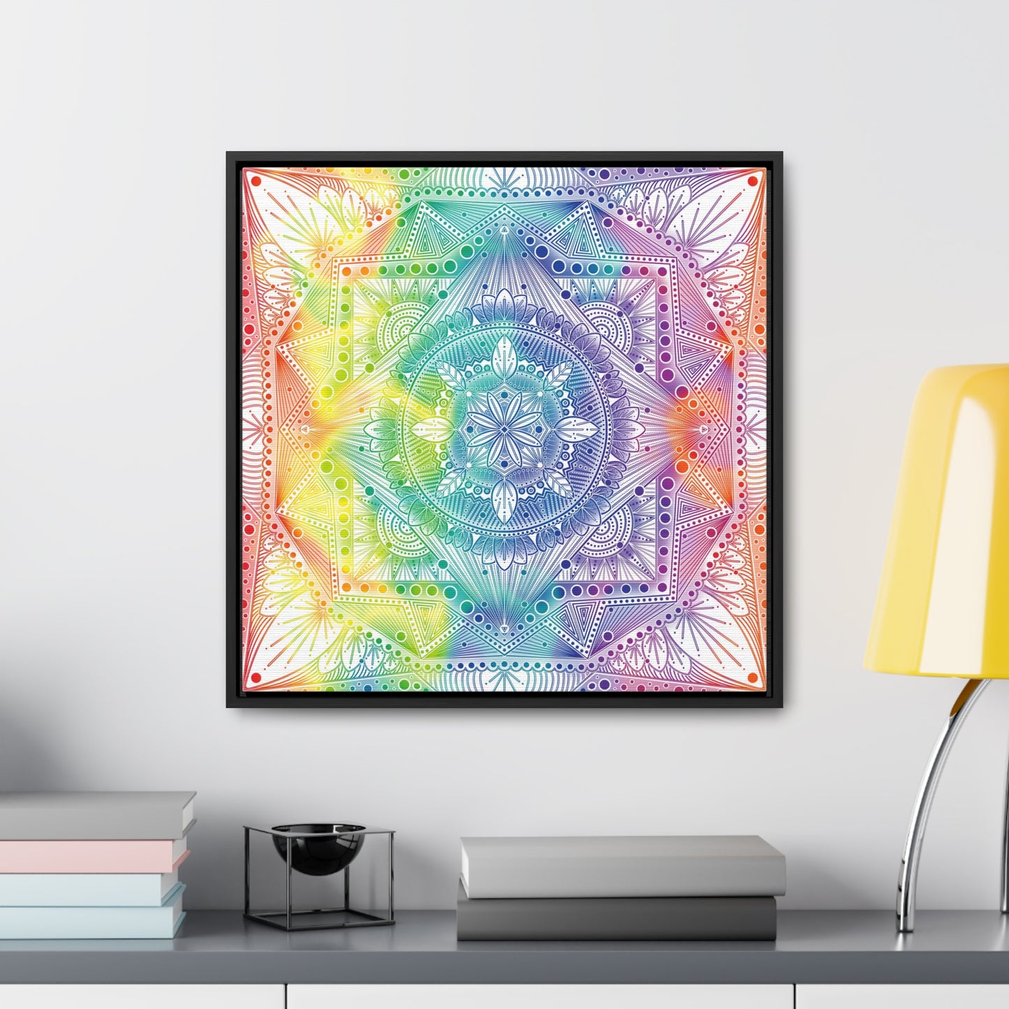 Canvas Prints, Holographic Rainbow Mandala Artwork, Square Frame, Psychedelic Wall Decor, Abstract Art Gift
