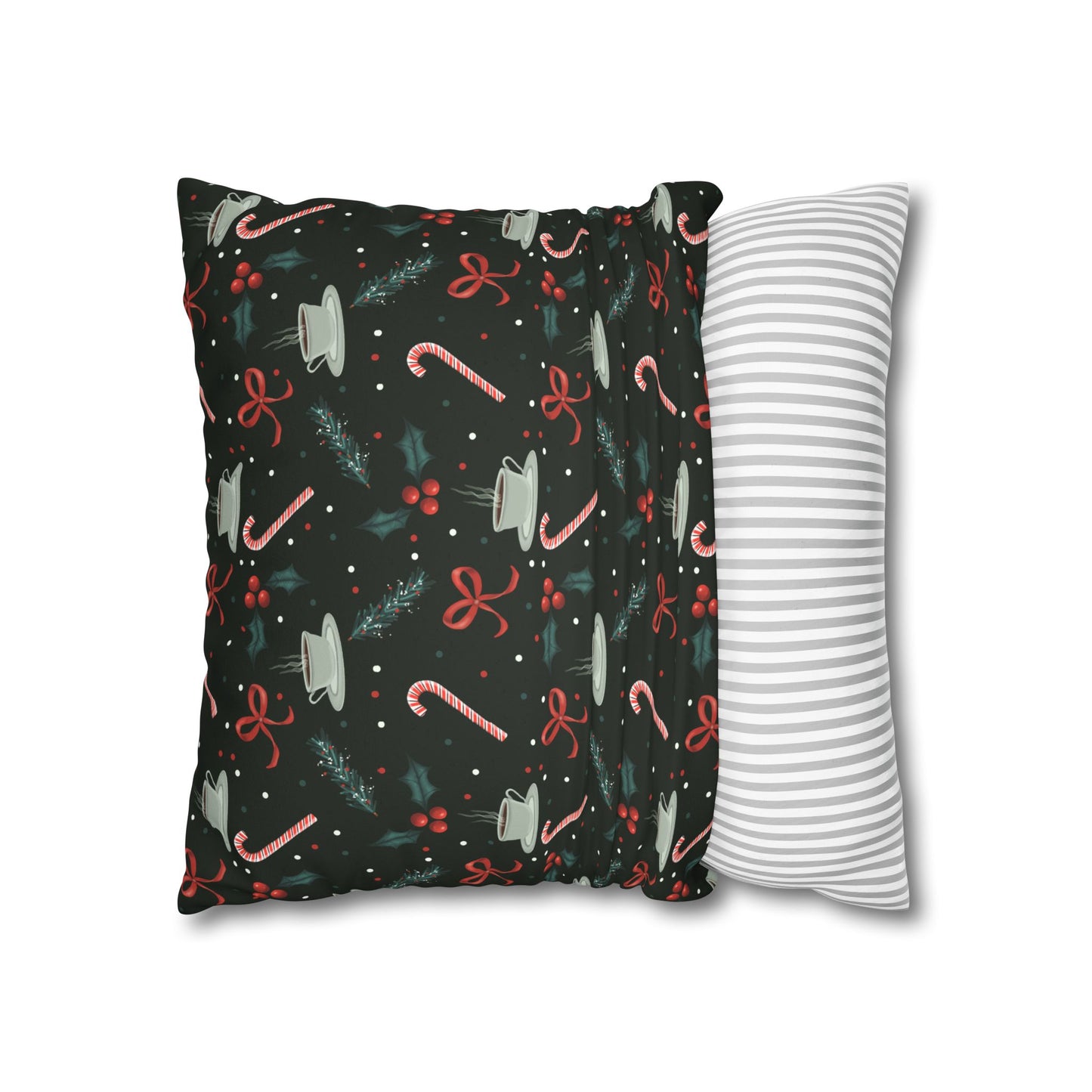 Throw Pillow Christmas Candy Canes Pine Sprigs Coffee Holly Bows Faux Suede - Dark Green
