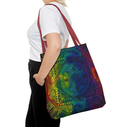 Holographic Mandala Tote Bag - Rainbow Custom Design by Anndria, Unique Shoulder Handbag for Women, Colorful Beach Carryall, Boho Shopping