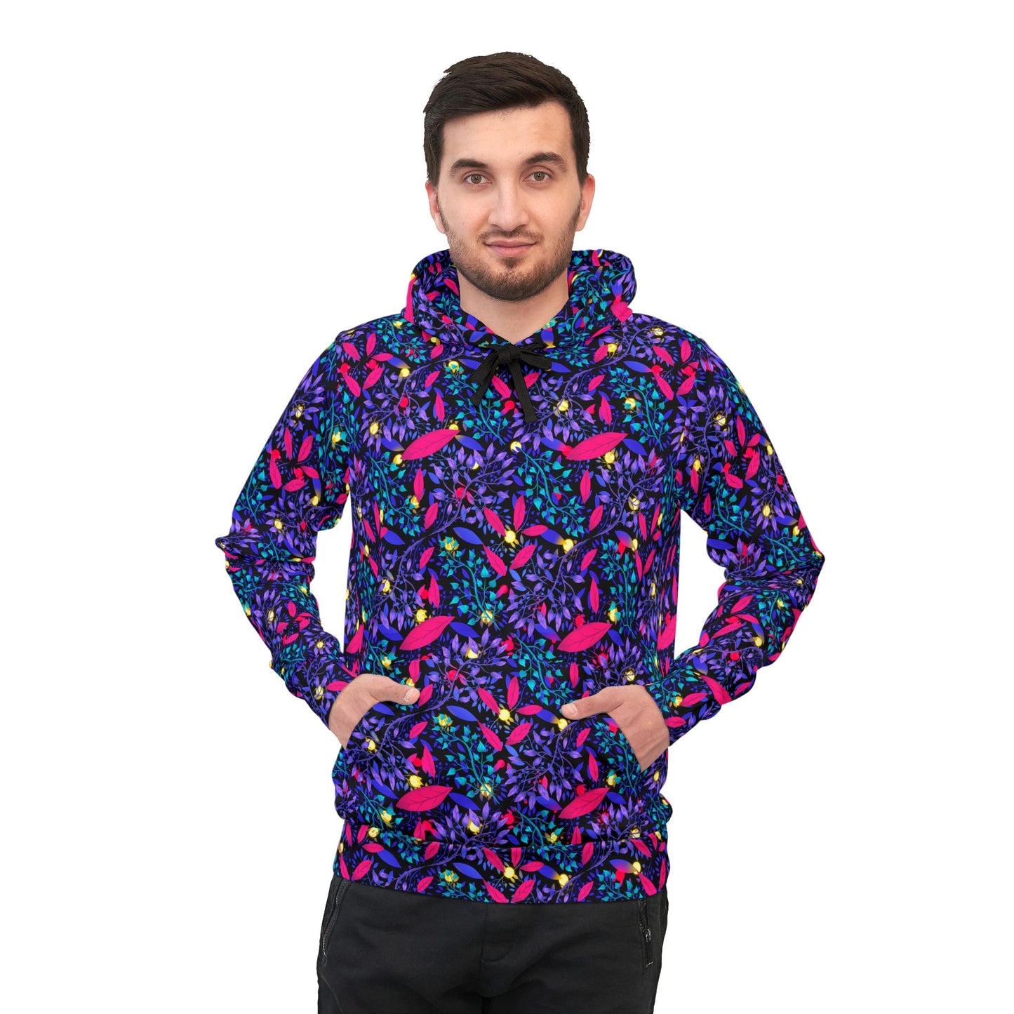 Neon Night Athletic Hoodie with Botanical Pattern by Anndria