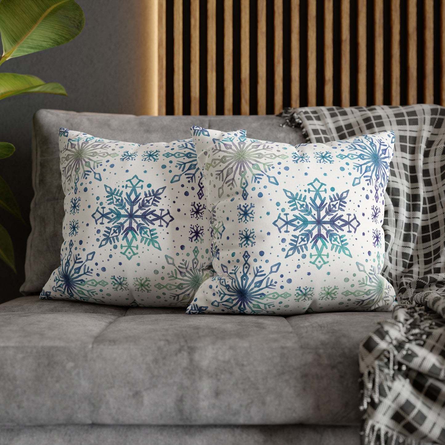 Pillowcase Watercolor Snowflake Design - Frosty teal, purple and green
