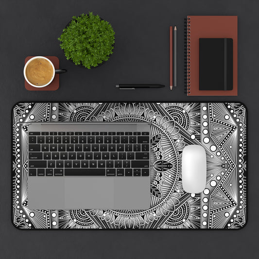 Desk Mat, Monochrome Mandala Design by Anndria, Unique Black and White Custom Work, Table Protector, Desk Pad, Office Decor, Mouse Pad