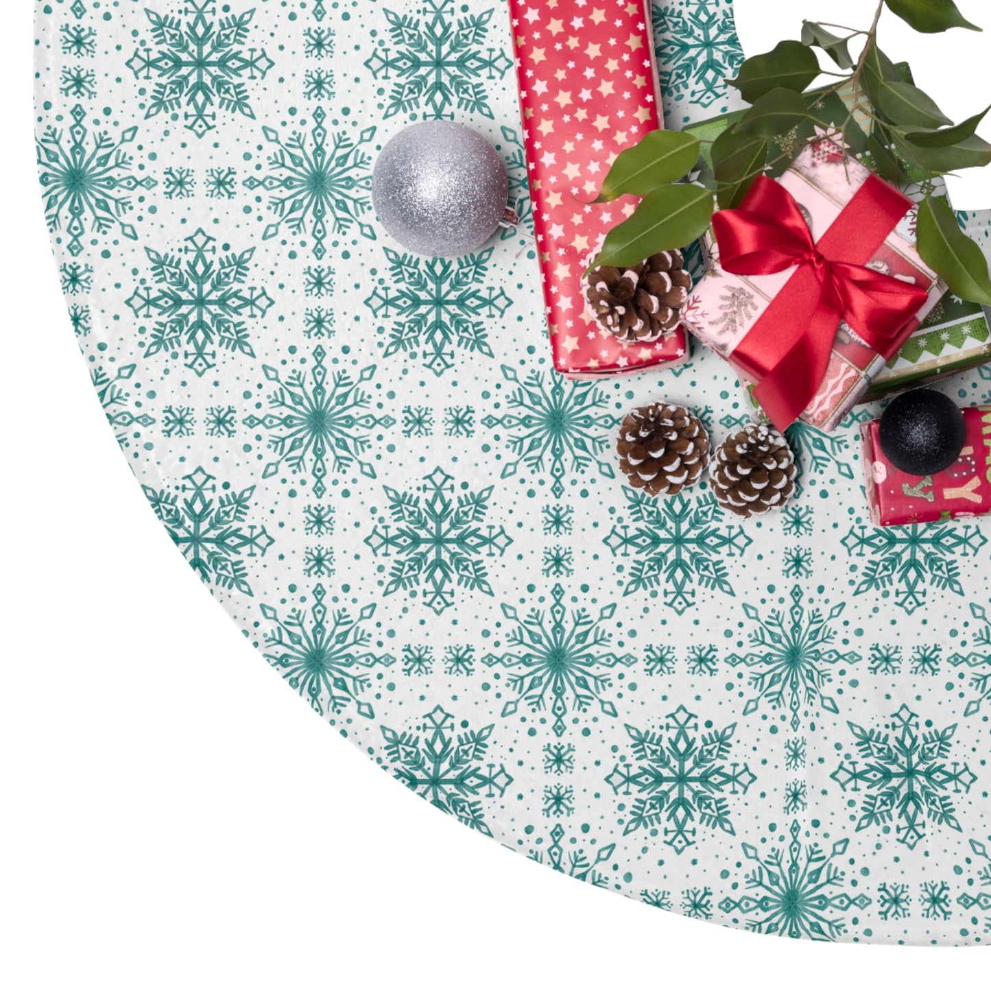 Tree Skirt - Watercolor Snowflake design by Anndria - Teal and White